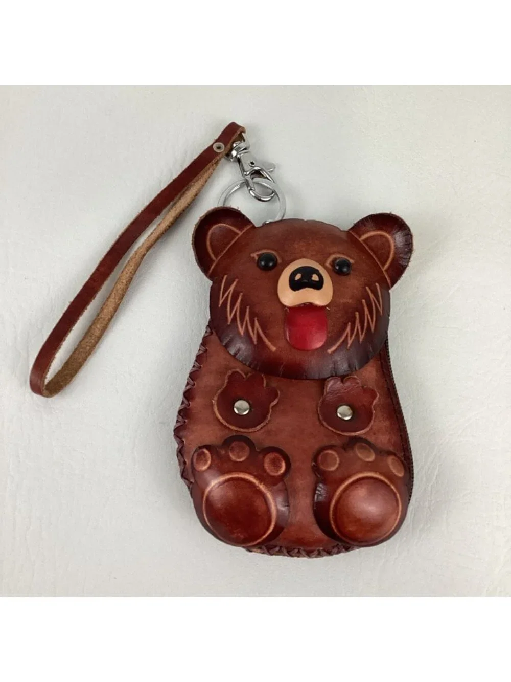 Hand Tooled Leather 3D Bear Coin Purse Wristlet Wallet Keychain Zip Around - Picture 1 of 10